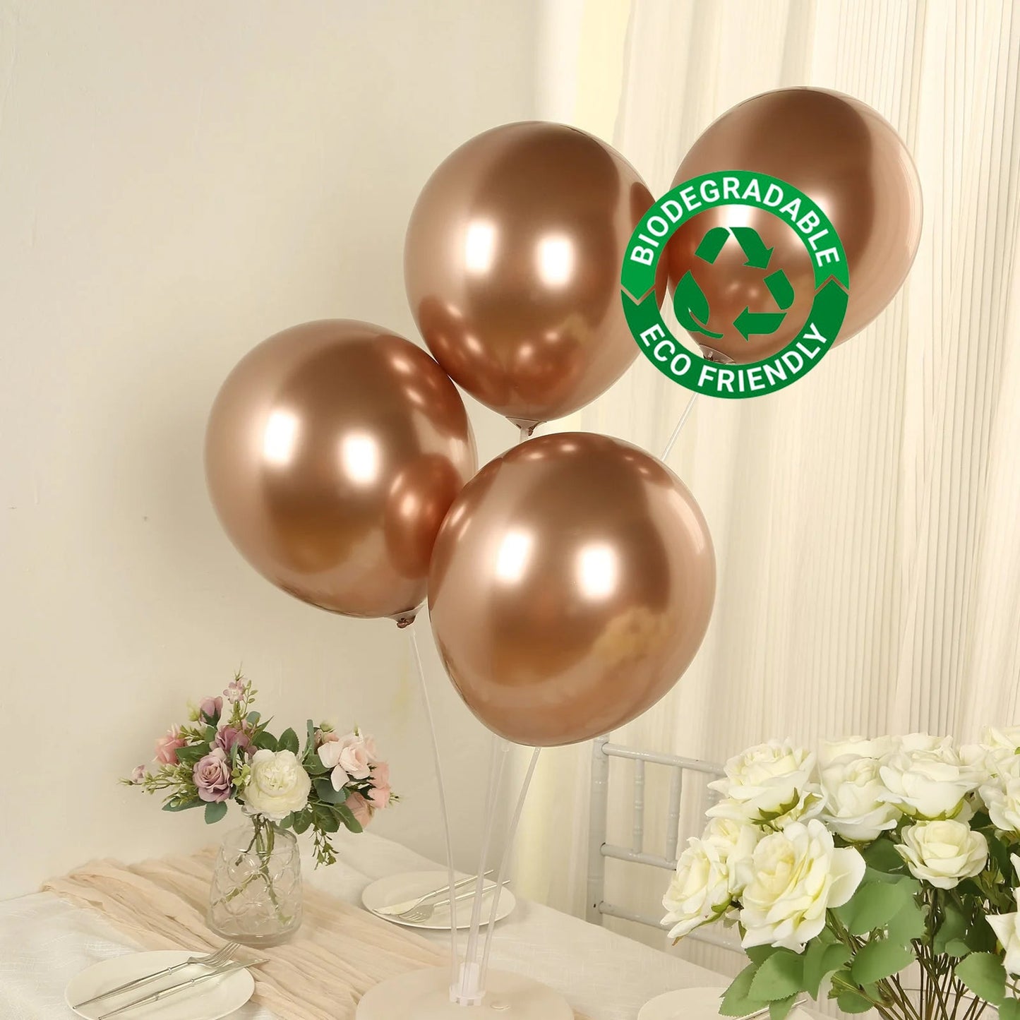50 Pack Chrome Rose Gold Biodegradable Latex Balloons 12", Thick Eco Friendly Metallic Party Balloons