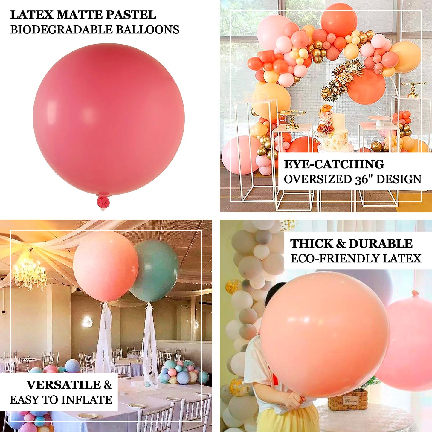 5 Pack Large Matte Pastel Pink Biodegradable Balloons, 36" Round Eco-friendly Thickened Latex Party Balloons