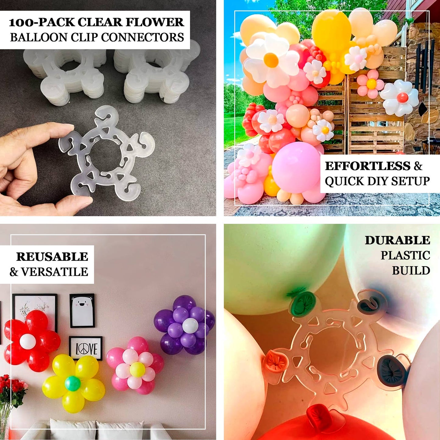 Clear Flower-Shaped Balloon Clip Connectors â€“ 100 Pcs Plastic Clips for Balloon Arch, Garland & Party Decoration Supplies