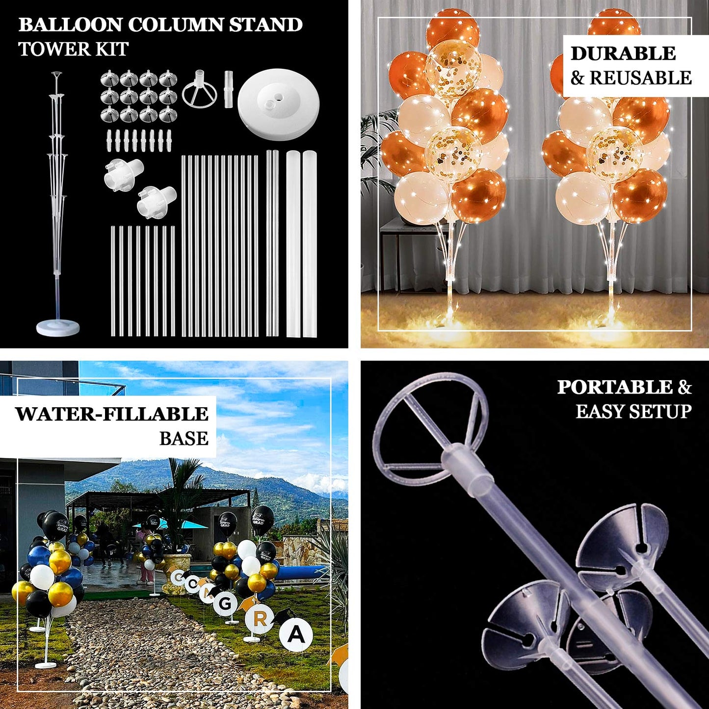 2 Pack Balloon Tower Kit for Floor Displays â€“ 4.5ft Sturdy Clear Balloon Column Stand with Water-Fillable Base