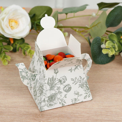 25 Pack 5"x4" Mini Teapot Favor Boxes â€“ White Sage Green French Toile Design Gift Boxes