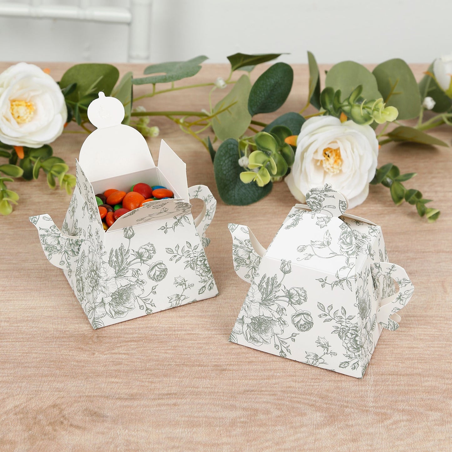 25 Pack 5"x4" Mini Teapot Favor Boxes â€“ White Sage Green French Toile Design Gift Boxes