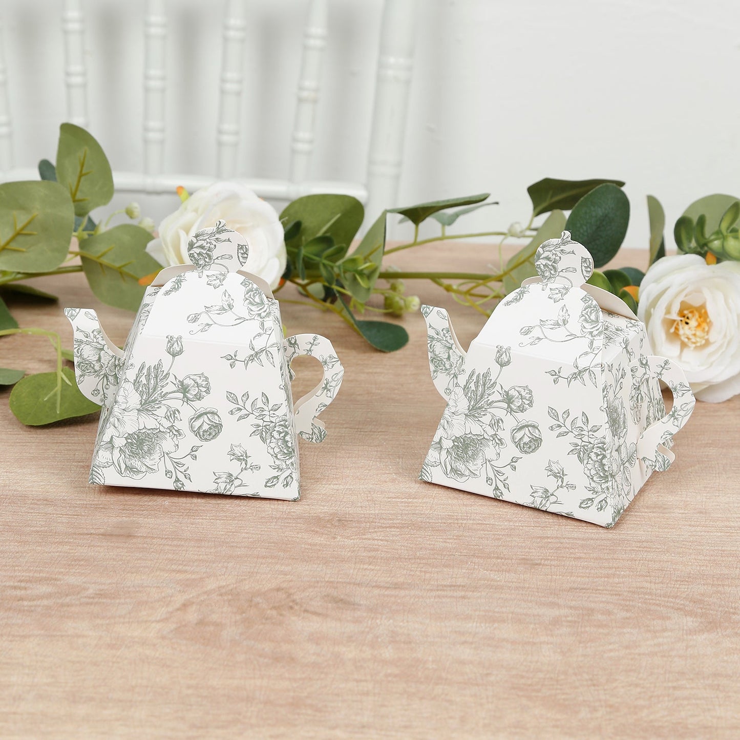 25 Pack 5"x4" Mini Teapot Favor Boxes â€“ White Sage Green French Toile Design Gift Boxes