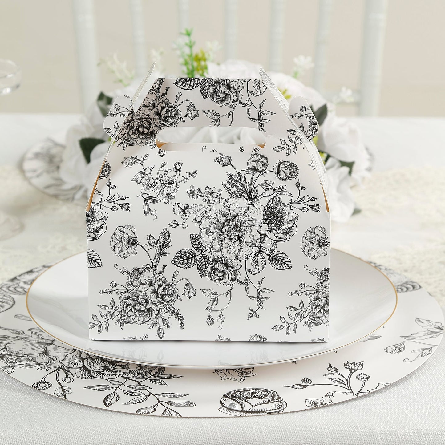 25 Pack Candy Treat Tote Boxes in French Toile Pattern - Matte Black and White Party Favor Gable Boxes, Cardstock Paper - 6"x3.5"x7"