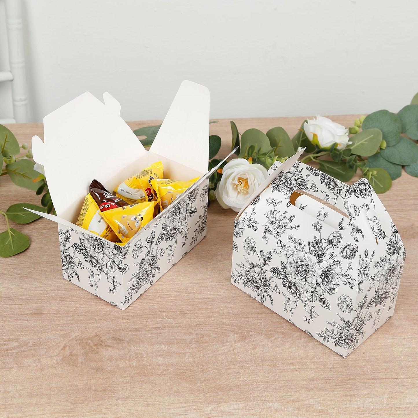 25 Pack Candy Treat Tote Boxes in French Toile Pattern - Matte Black and White Party Favor Gable Boxes, Cardstock Paper - 6"x3.5"x7"