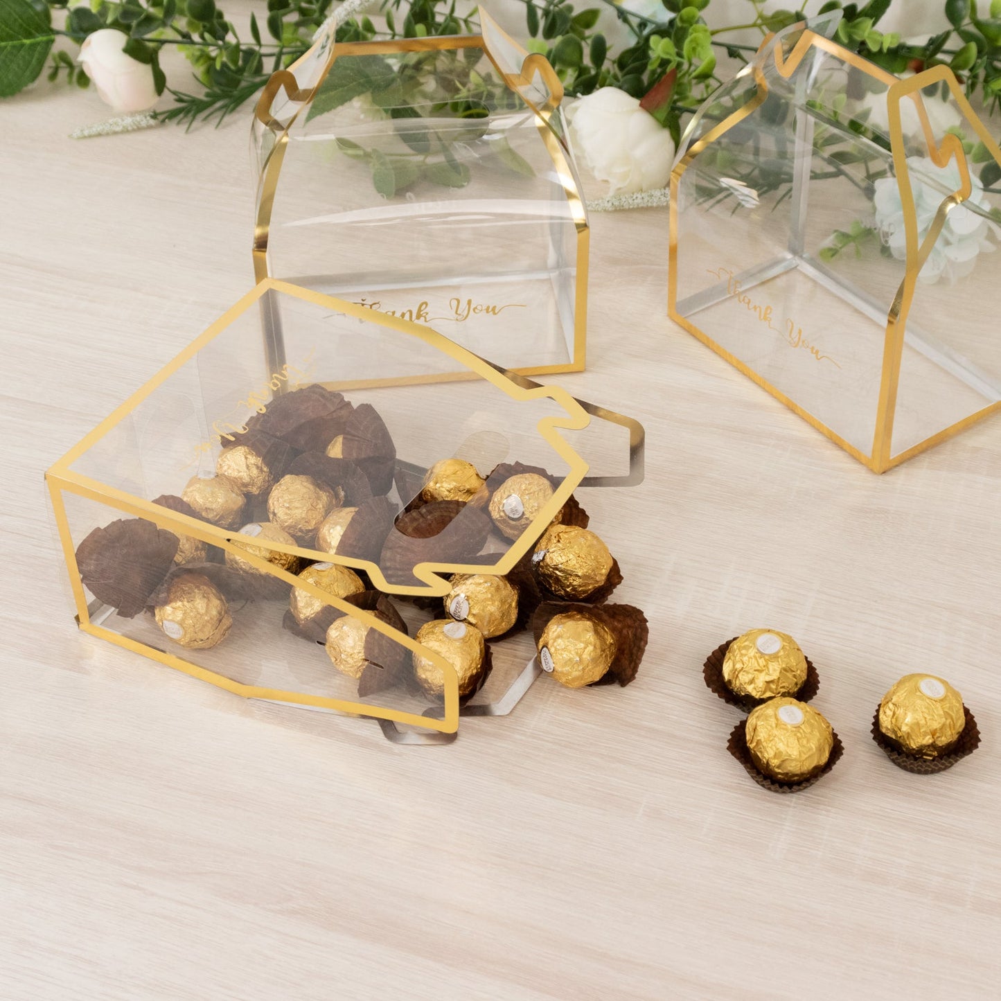 25 Pack Clear PVC Tote Gift Boxes with Gold Trim, Transparent Gable Candy Favor Boxes with Thank You Design - 6"x3.5"x7"