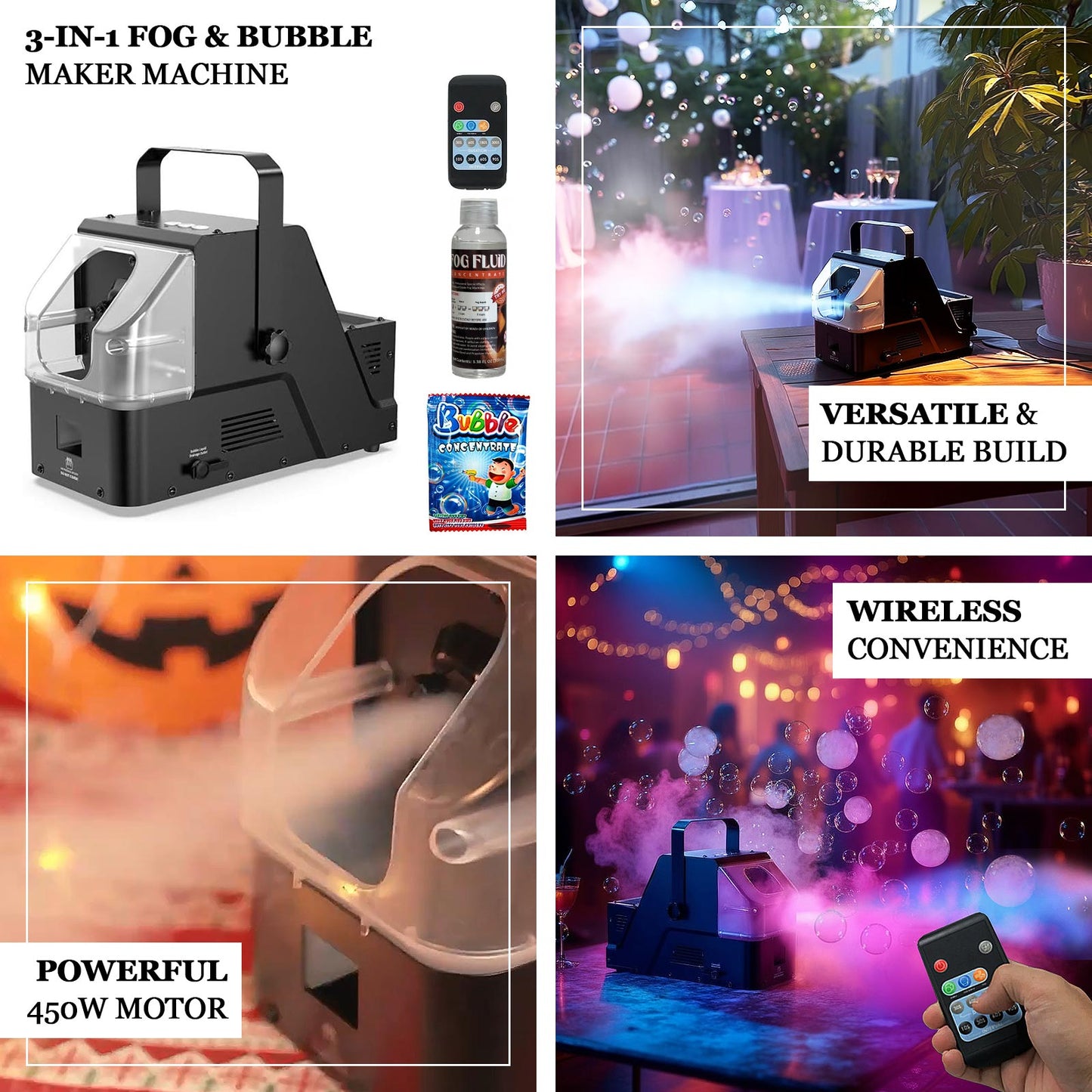 450W 3-in-1 Fog Bubble Machine with Wireless Remote â€“ 550ml Smoke & Bubble Maker for DJ, Stage, Wedding, Halloween & Party Effects