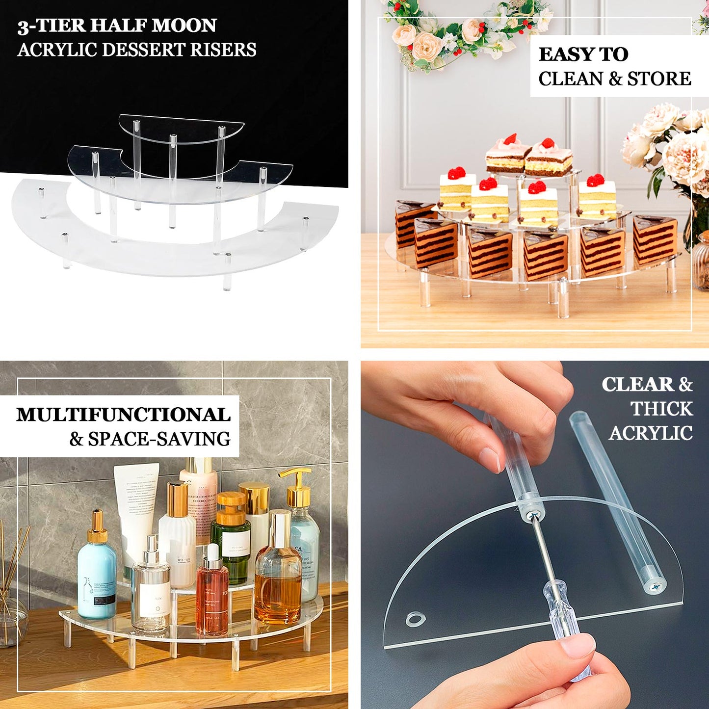 Set of 3 Acrylic Half-Moon Display Riser Stands â€“ 3-Tier Clear Dessert Pedestal for Cakes, Collectibles & Figurines - 7",13",18"