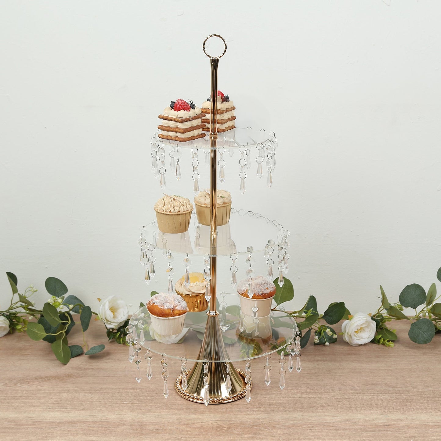 3-Tier Gold Cupcake Stand â€“ 2ft Acrylic and Metal Dessert Display Tower with Hanging Crystals