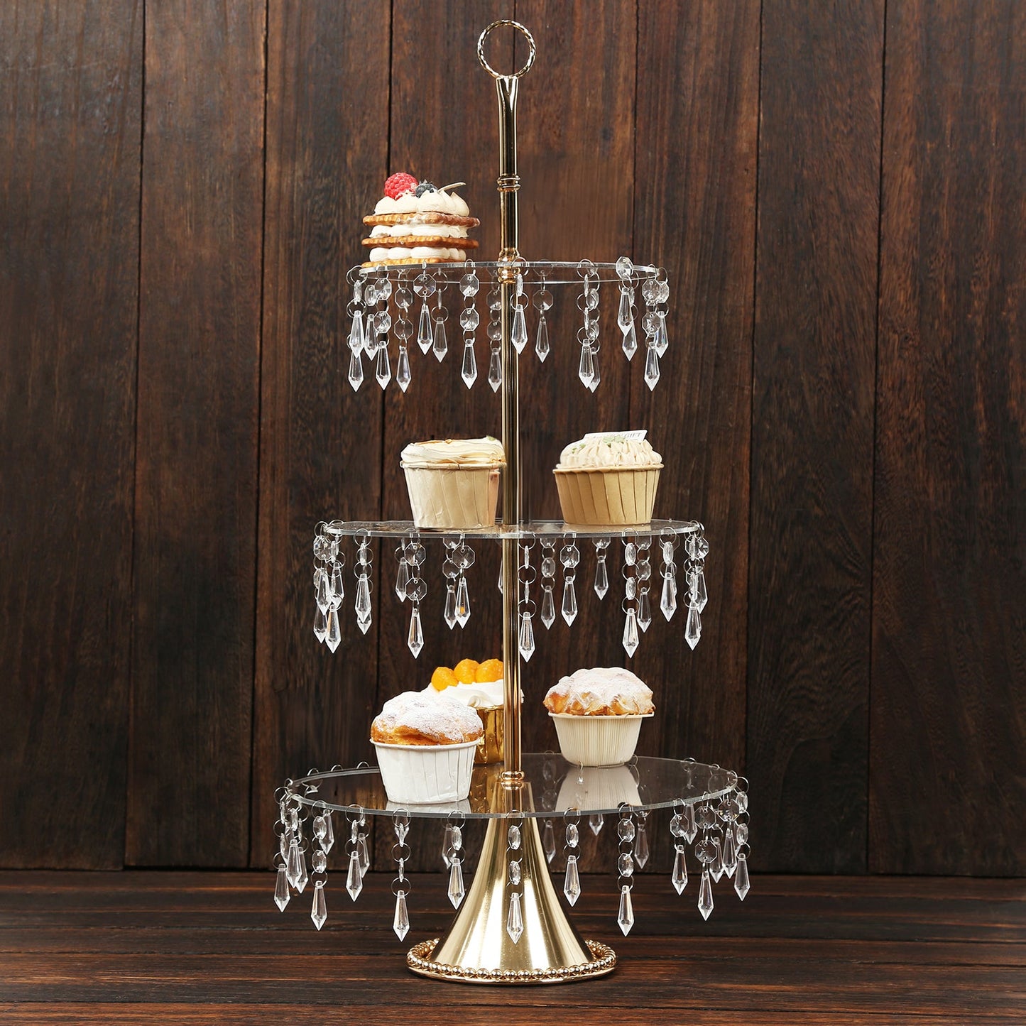 3-Tier Gold Cupcake Stand â€“ 2ft Acrylic and Metal Dessert Display Tower with Hanging Crystals