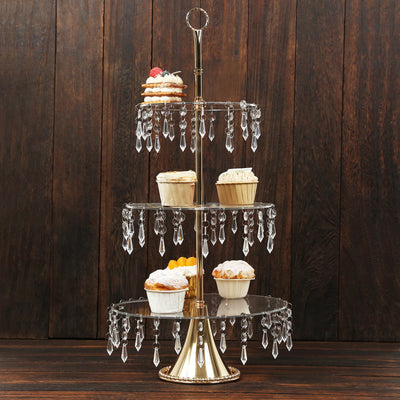 3-Tier Gold Cupcake Stand â€“ 2ft Acrylic and Metal Dessert Display Tower with Hanging Crystals