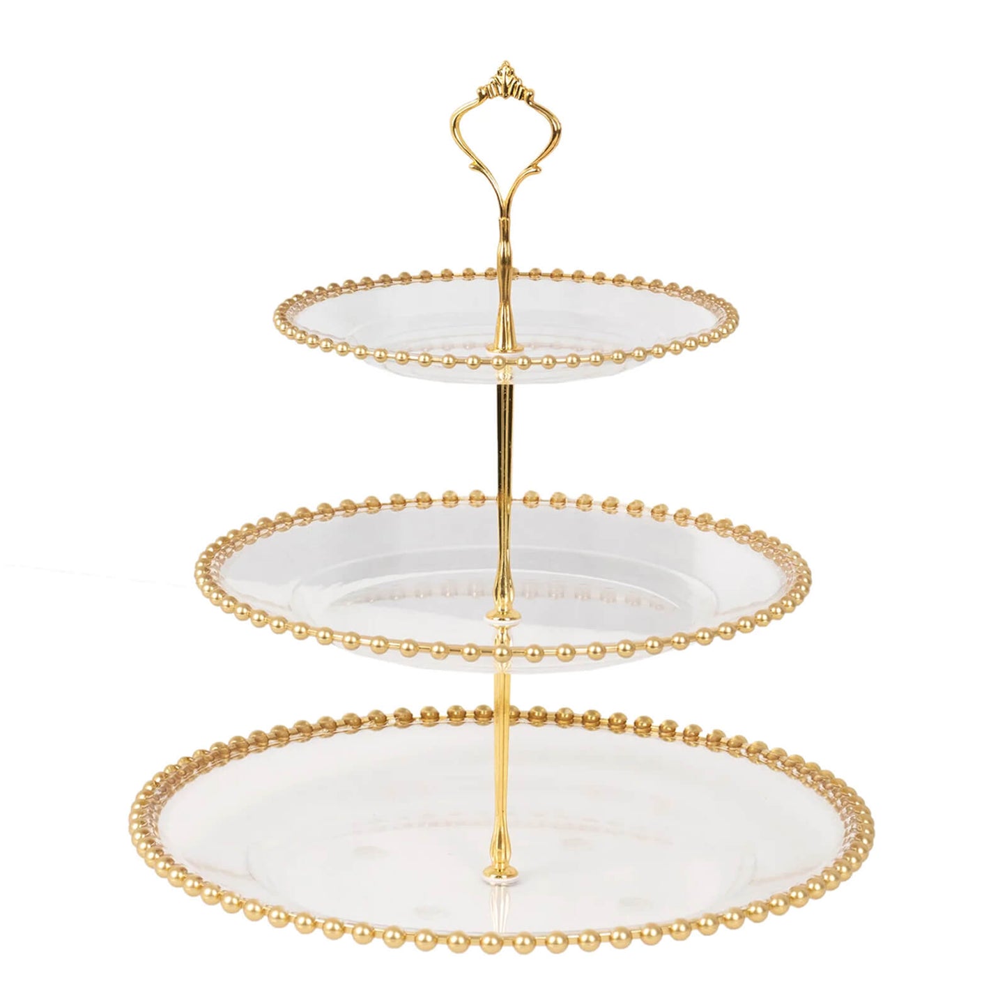 3-Tier Plastic Round Cupcake Tower Stand Clear - Versatile Dessert Display Tea Party Serving Platter with Gold Beaded Rim & Top Handle 14"