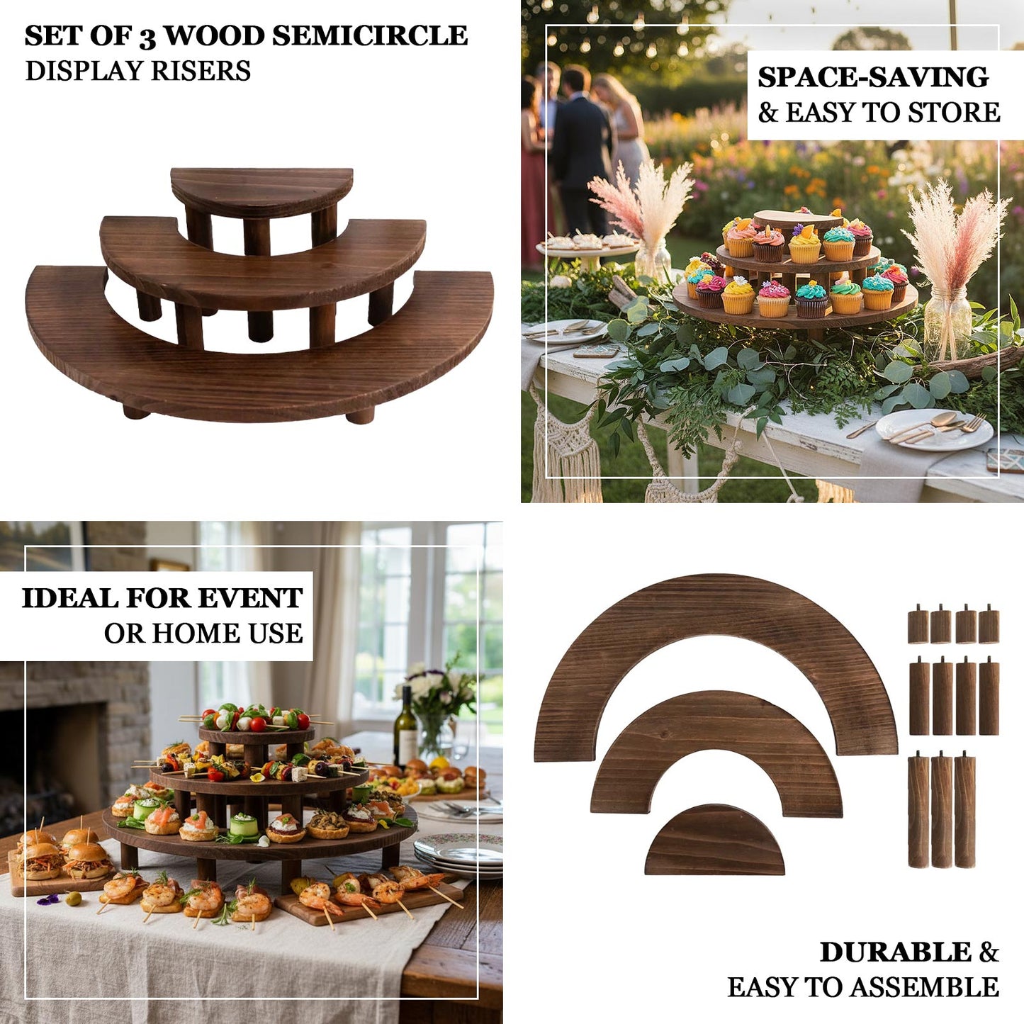Set of 3 Wooden Dessert Pedestals Rustic Brown 3-Tier Semicircle Design - Half Moon Cupcake Display Risers 7", 13", 18"