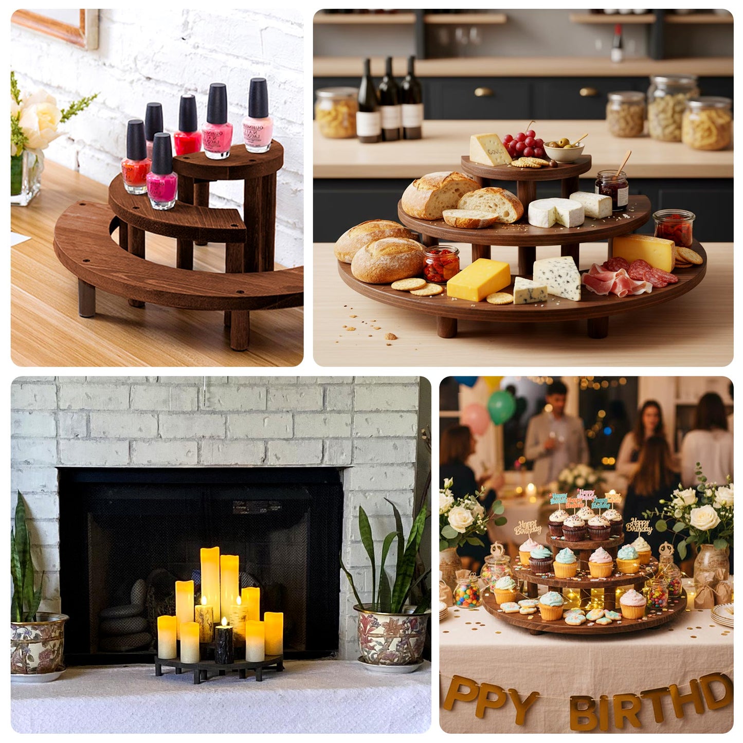 Set of 3 Wooden Dessert Pedestals Rustic Brown 3-Tier Semicircle Design - Half Moon Cupcake Display Risers 7", 13", 18"