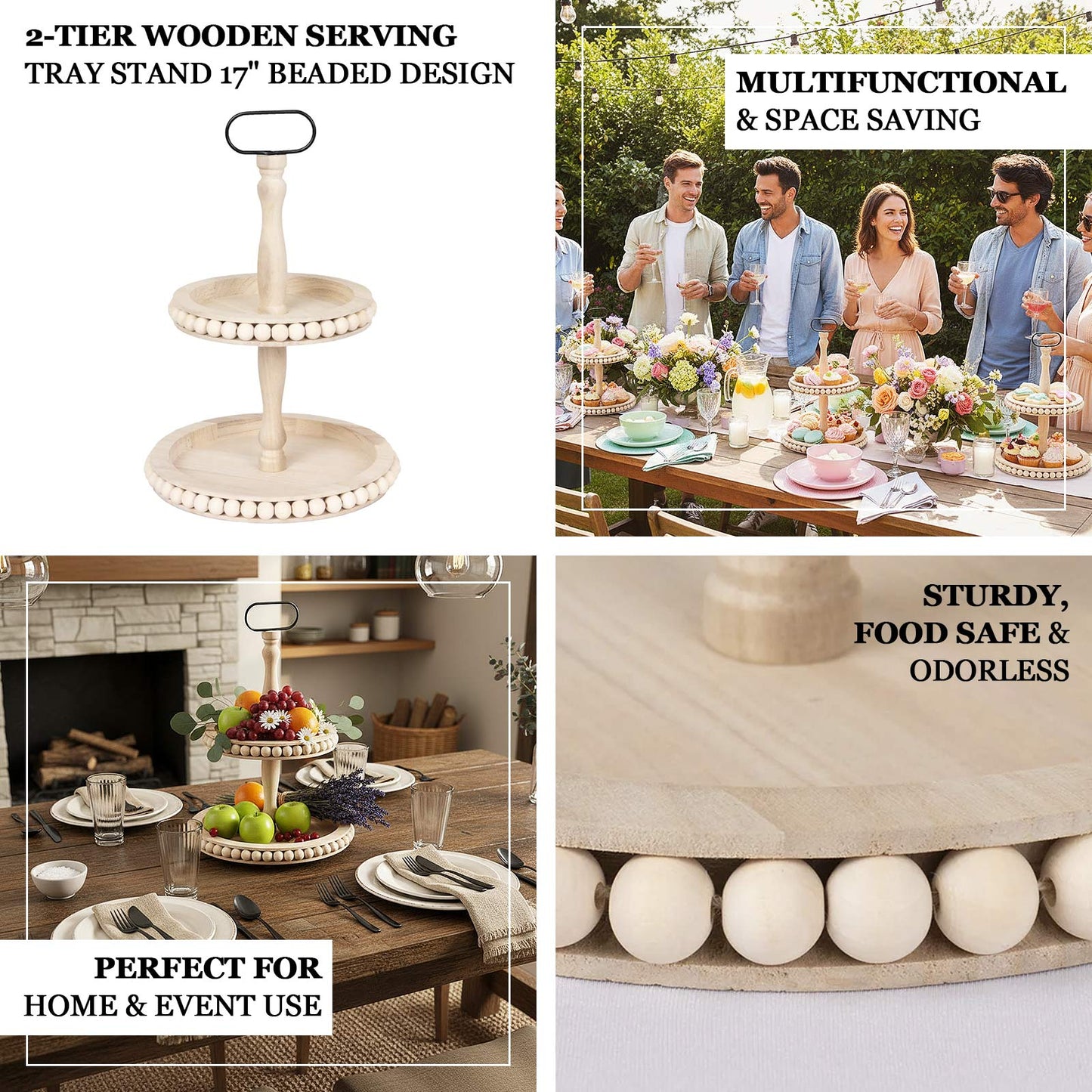 2-Tier Wooden Serving Tray Stand Beaded Design with Metal Handle Natural - Round Rustic Farmhouse Cupcake Display 17"