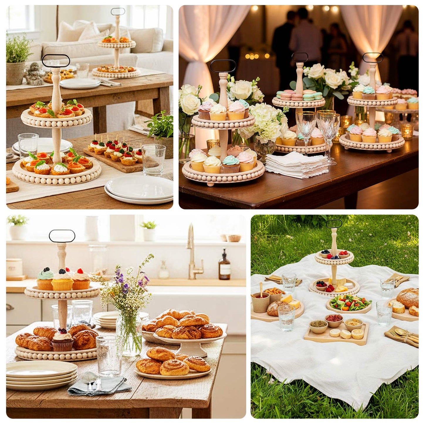 2-Tier Wooden Serving Tray Stand Beaded Design with Metal Handle Natural - Round Rustic Farmhouse Cupcake Display 17"