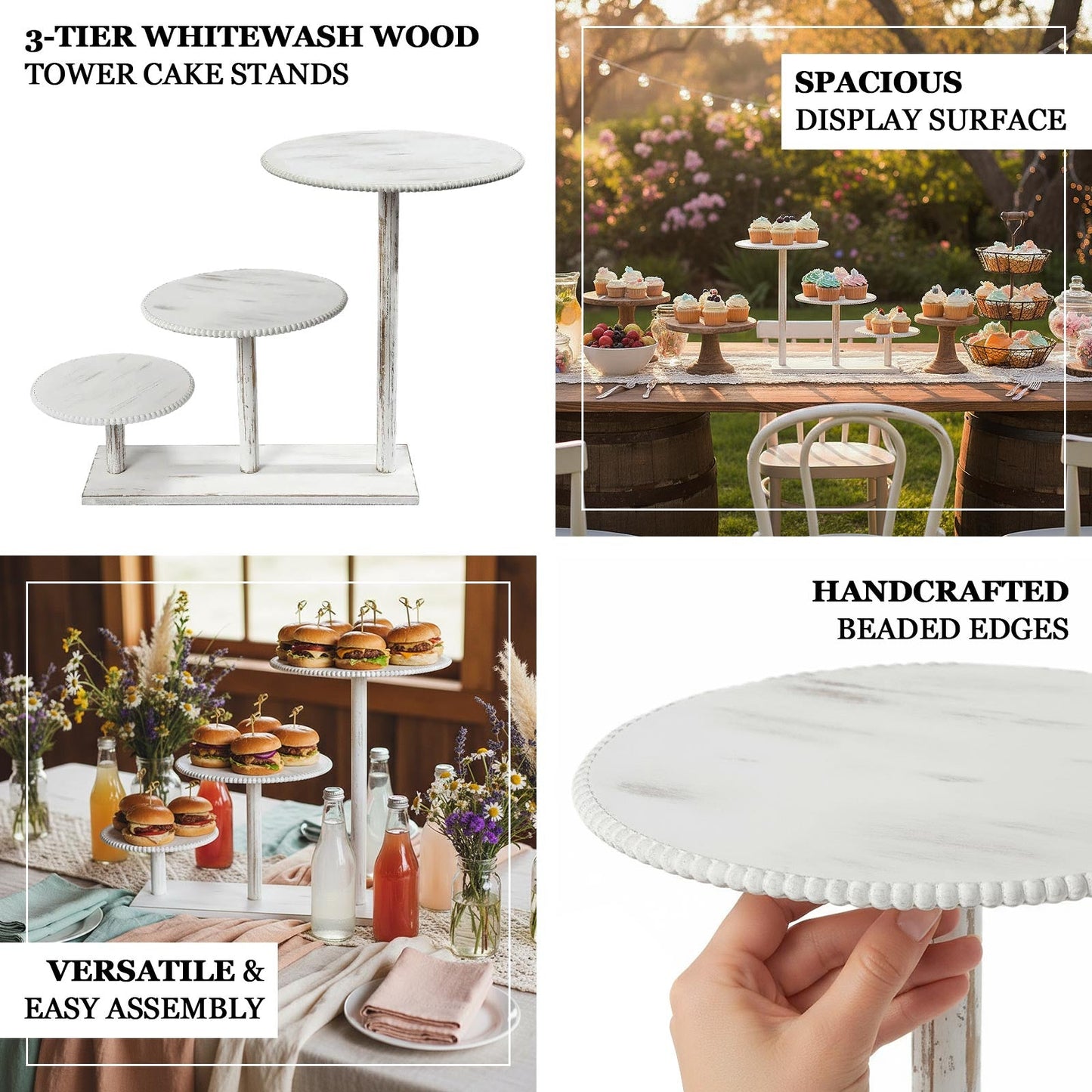 3-Tier Wooden Cake Stand Whitewash with Round Beaded Rim Trays - Rustic Cupcake Tower Dessert Display 24"x16"