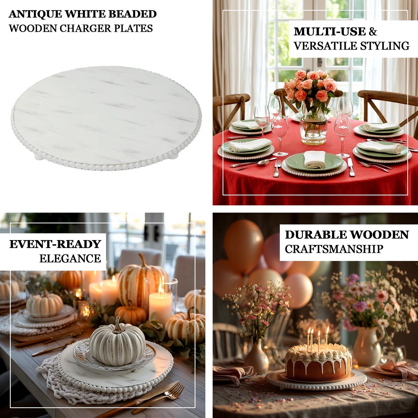3-Pack 13" Rustic Wooden Charger Plates â€“ Antique White Beaded Risers for Centerpieces, Cakes