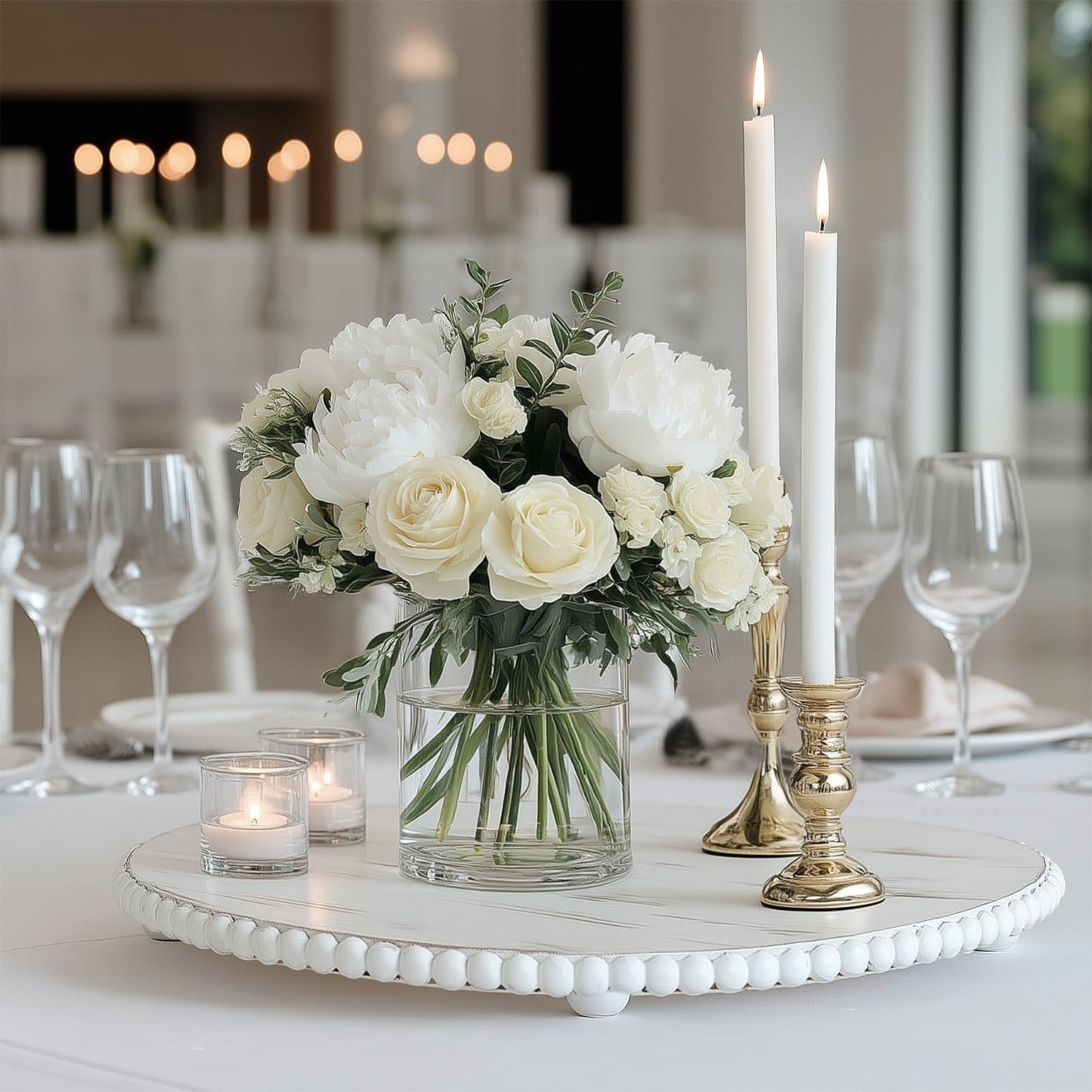 3-Pack 13" Rustic Wooden Charger Plates â€“ Antique White Beaded Risers for Centerpieces, Cakes