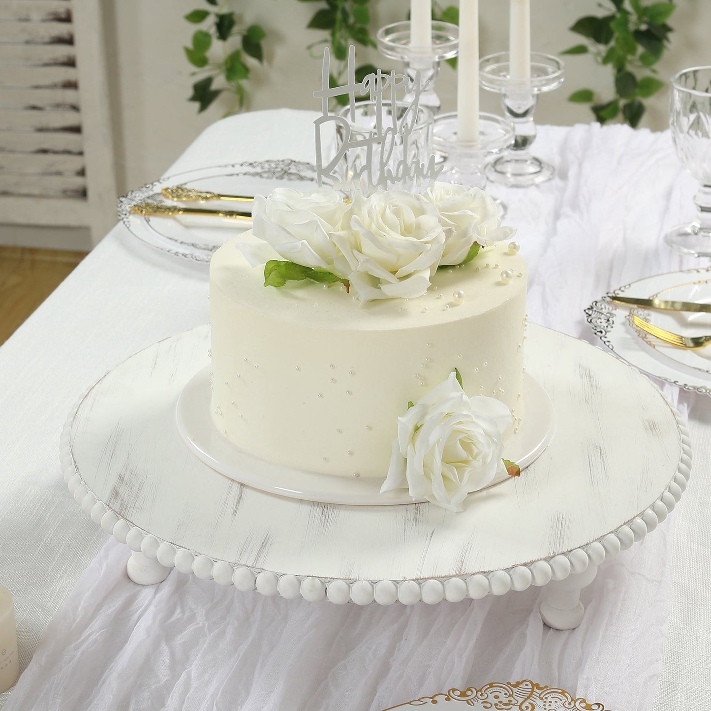 16" Rustic Wooden Cake Stand â€“ Antique White Pedestal with Beaded Edge, Cupcake Display or Wood Slice Tray