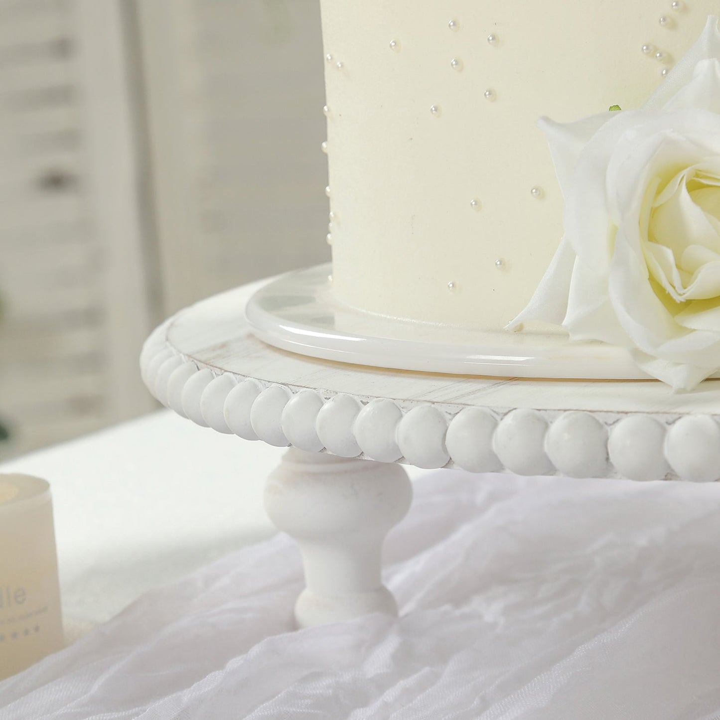 16" Rustic Wooden Cake Stand â€“ Antique White Pedestal with Beaded Edge, Cupcake Display or Wood Slice Tray