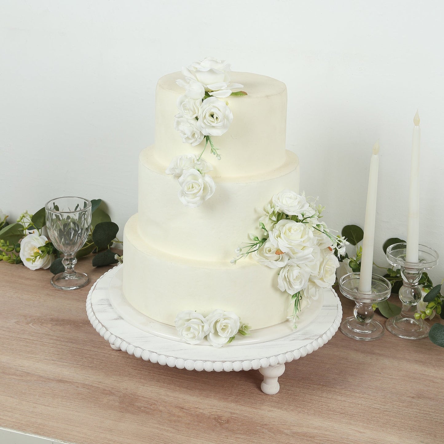 16" Rustic Wooden Cake Stand â€“ Antique White Pedestal with Beaded Edge, Cupcake Display or Wood Slice Tray