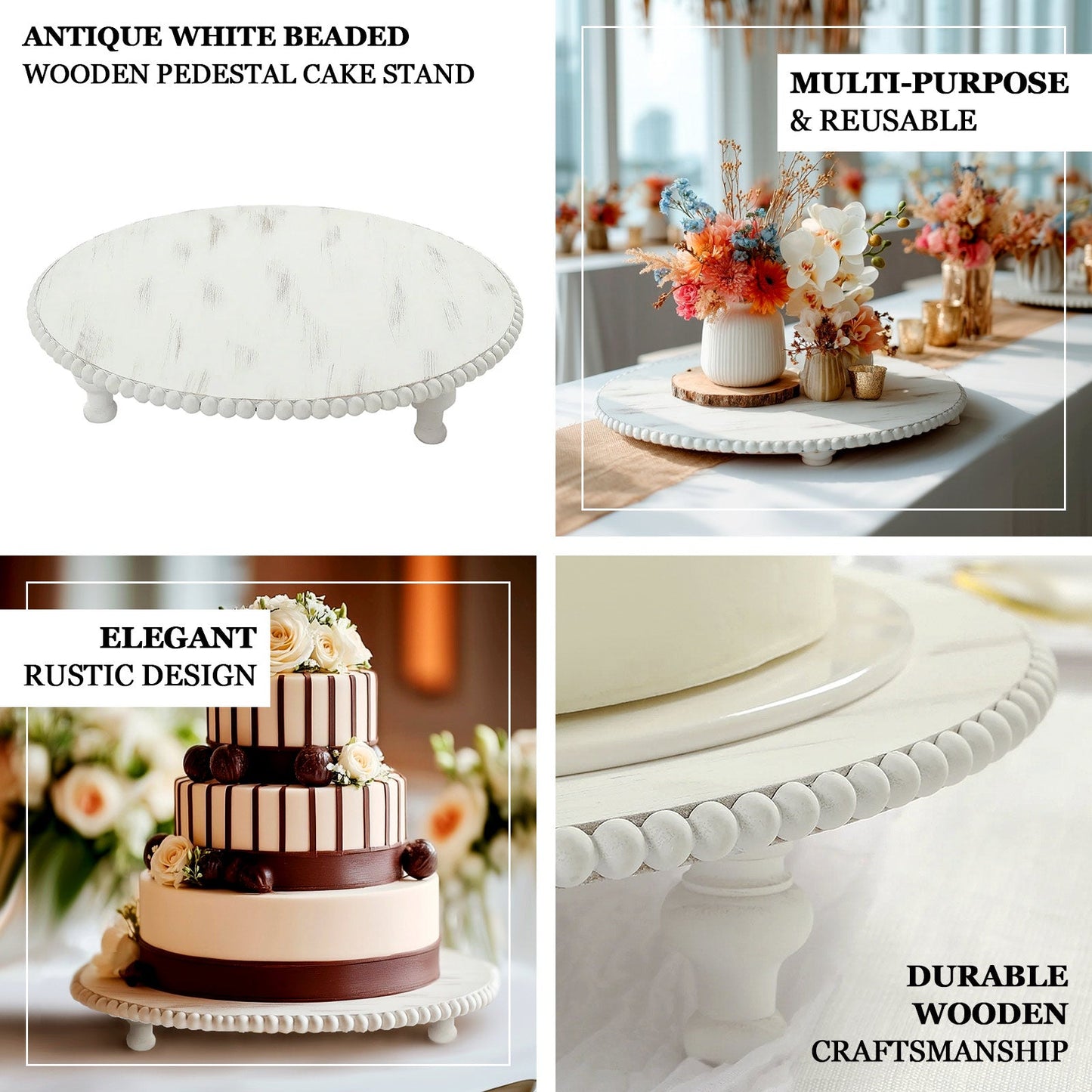 16" Rustic Wooden Cake Stand â€“ Antique White Pedestal with Beaded Edge, Cupcake Display or Wood Slice Tray
