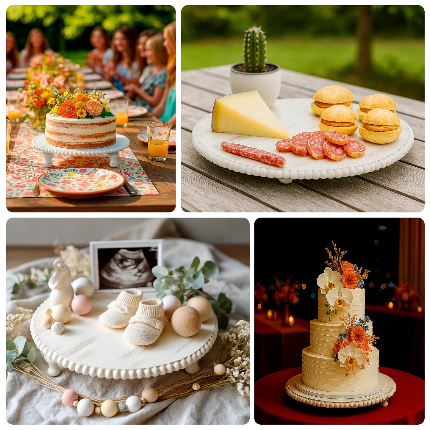 16" Rustic Wooden Cake Stand â€“ Antique White Pedestal with Beaded Edge, Cupcake Display or Wood Slice Tray