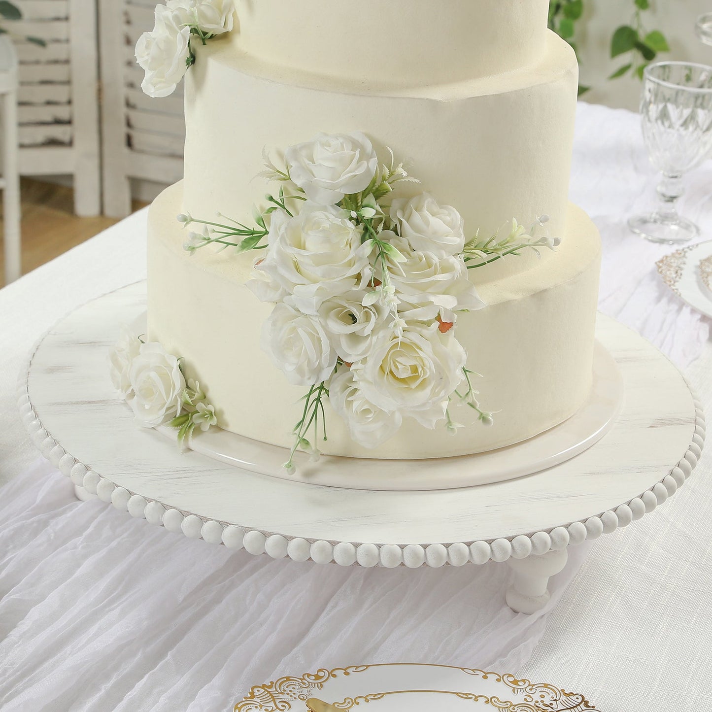 18" Rustic Wooden Cake Stand â€“ Antique White Pedestal with Beaded Edge, Cupcake Display or Wood Slice Tray