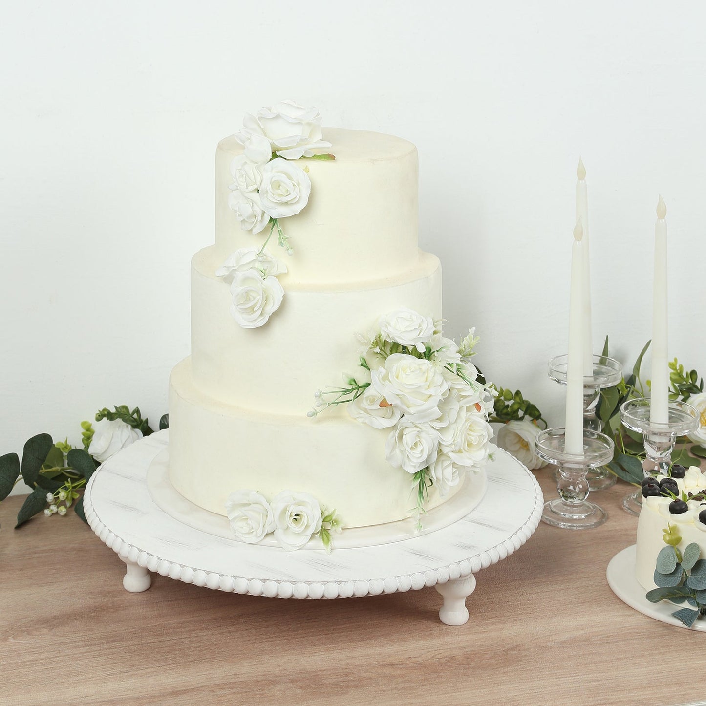 18" Rustic Wooden Cake Stand â€“ Antique White Pedestal with Beaded Edge, Cupcake Display or Wood Slice Tray