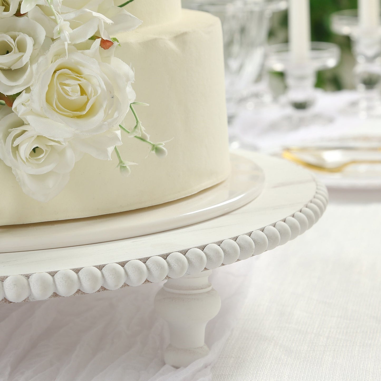 18" Rustic Wooden Cake Stand â€“ Antique White Pedestal with Beaded Edge, Cupcake Display or Wood Slice Tray