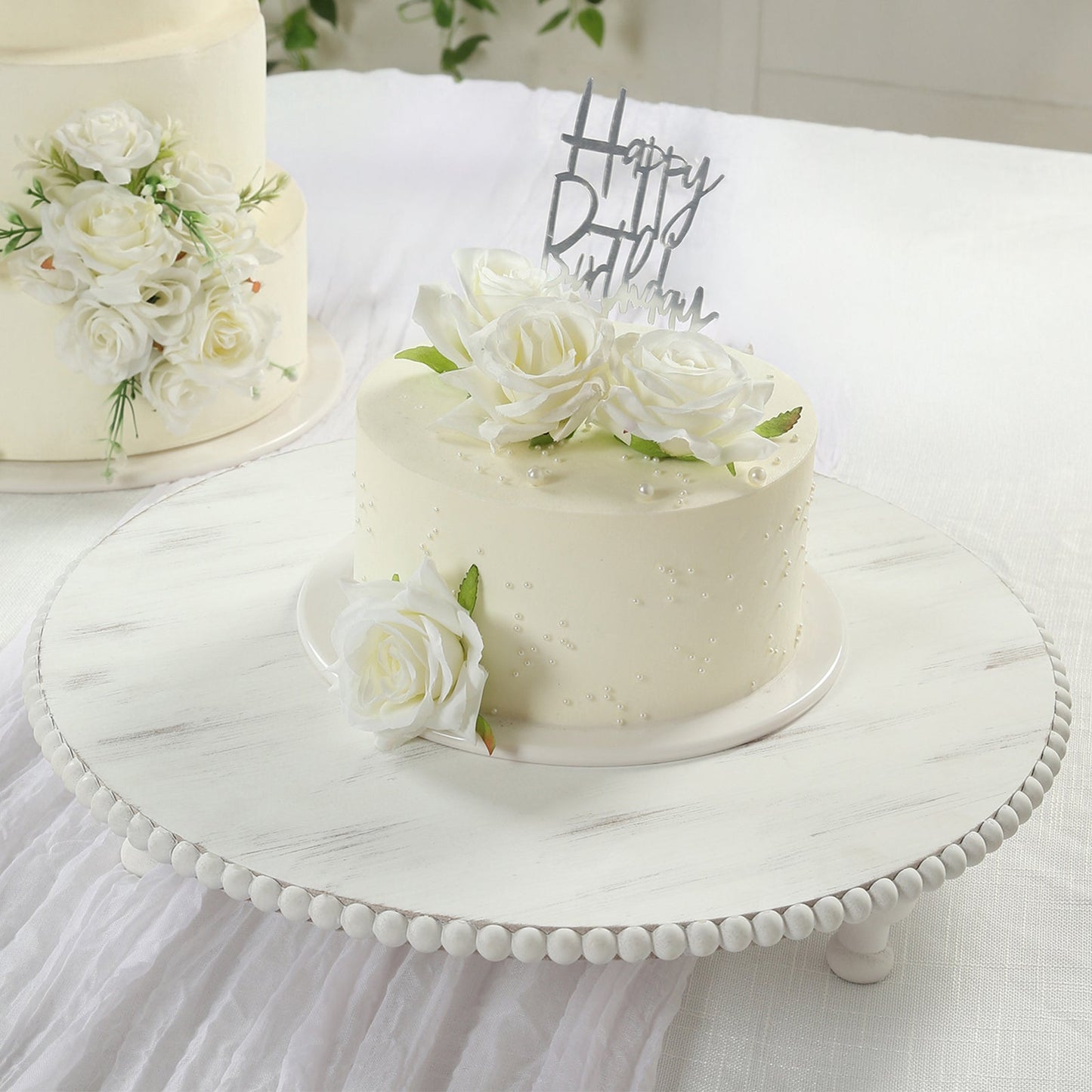 18" Rustic Wooden Cake Stand â€“ Antique White Pedestal with Beaded Edge, Cupcake Display or Wood Slice Tray