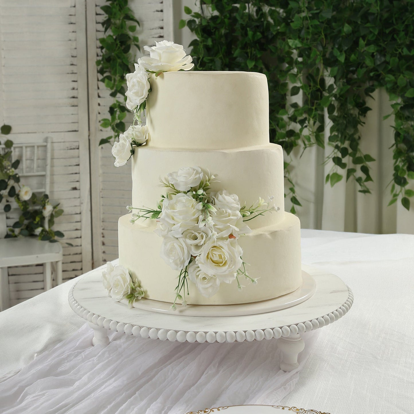18" Rustic Wooden Cake Stand â€“ Antique White Pedestal with Beaded Edge, Cupcake Display or Wood Slice Tray