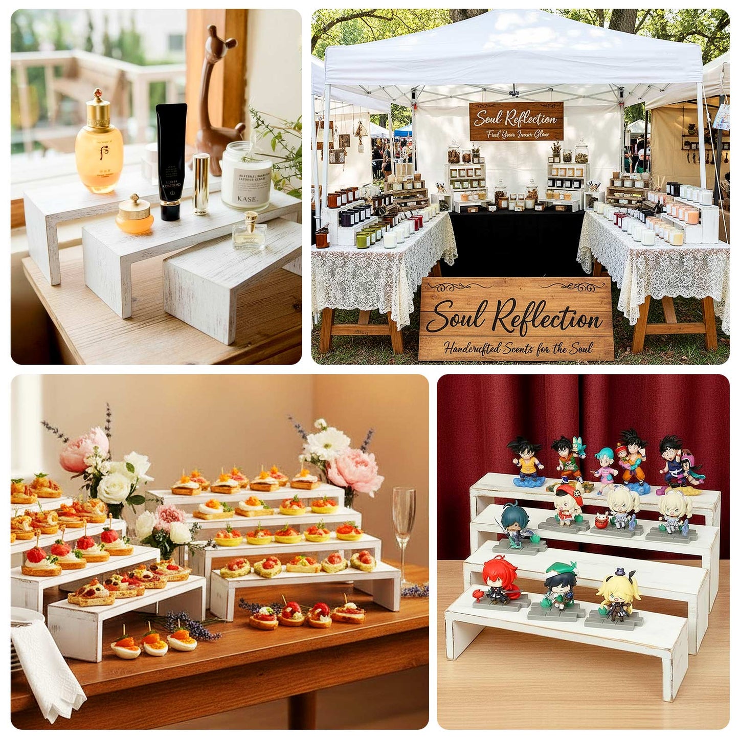 Set of 4 Wooden Display Risers Whitewash Rectangular Bench Style - Stackable Rustic Farmhouse Nesting Stands 14", 16", 17", 19"