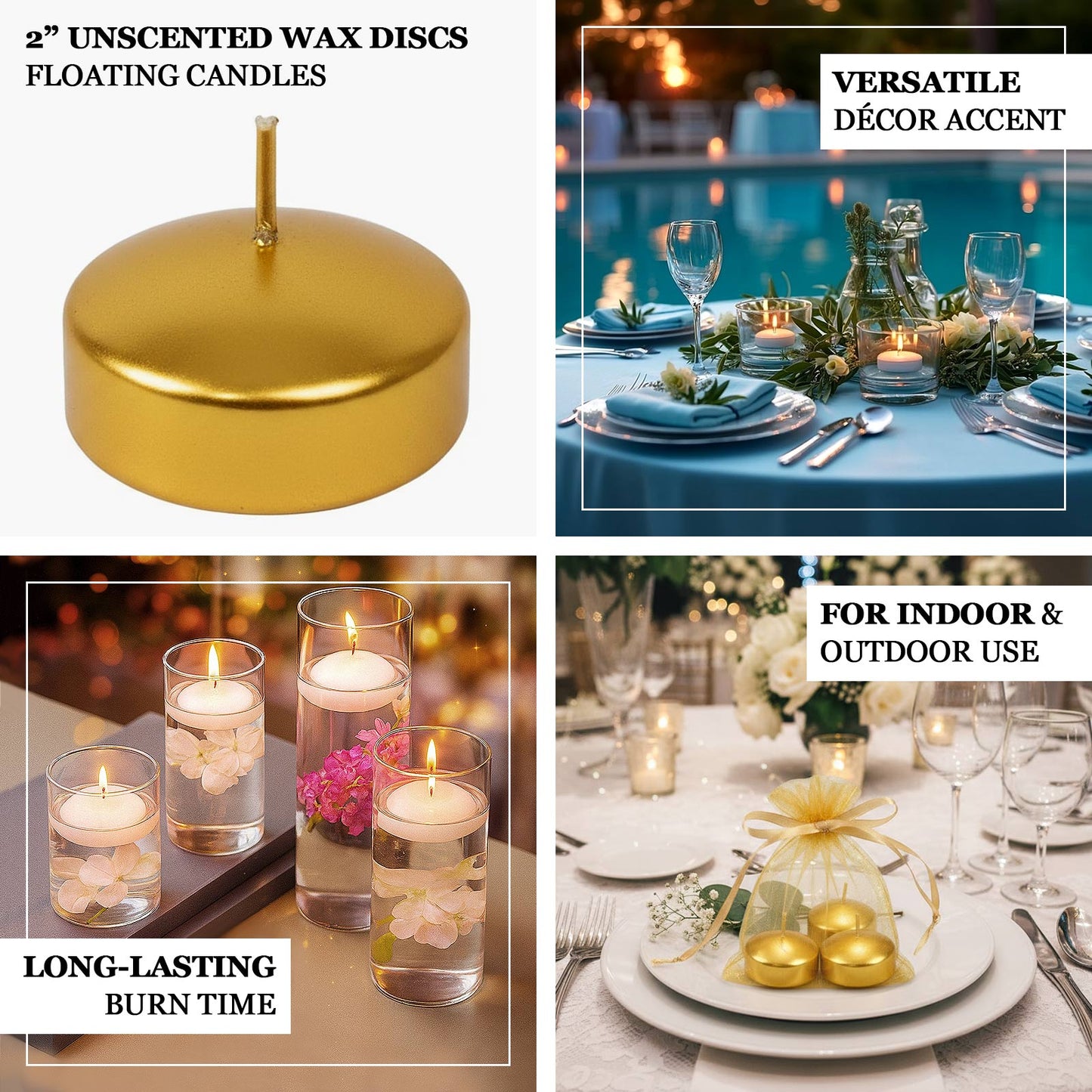 12 Pack 2" White Floating Candles â€“ Unscented Dripless Long-Lasting Disc Wax Candles for Weddings & Table DÃ©cor