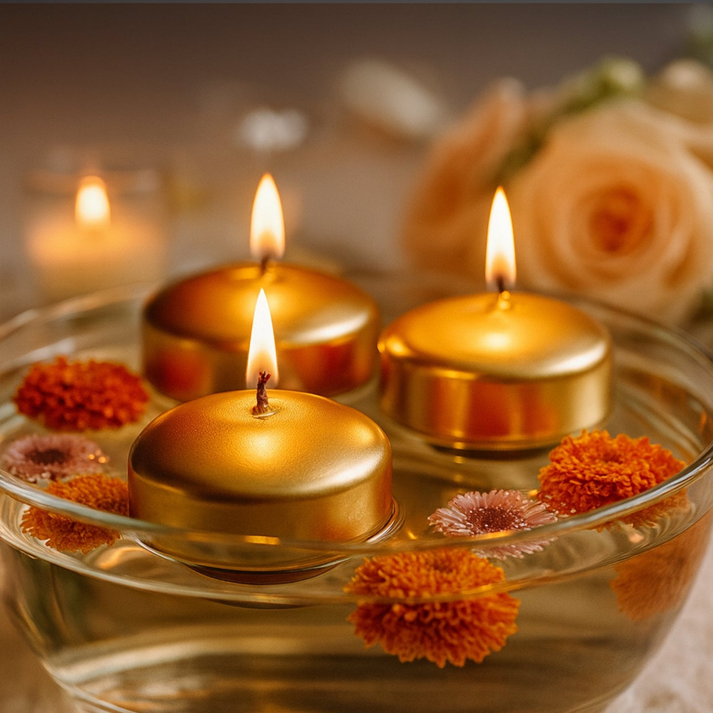 12 Pack 2" Metallic Gold Floating Candles â€“ Unscented Dripless Long-Lasting Disc Wax Candles for Weddings & Table DÃ©cor