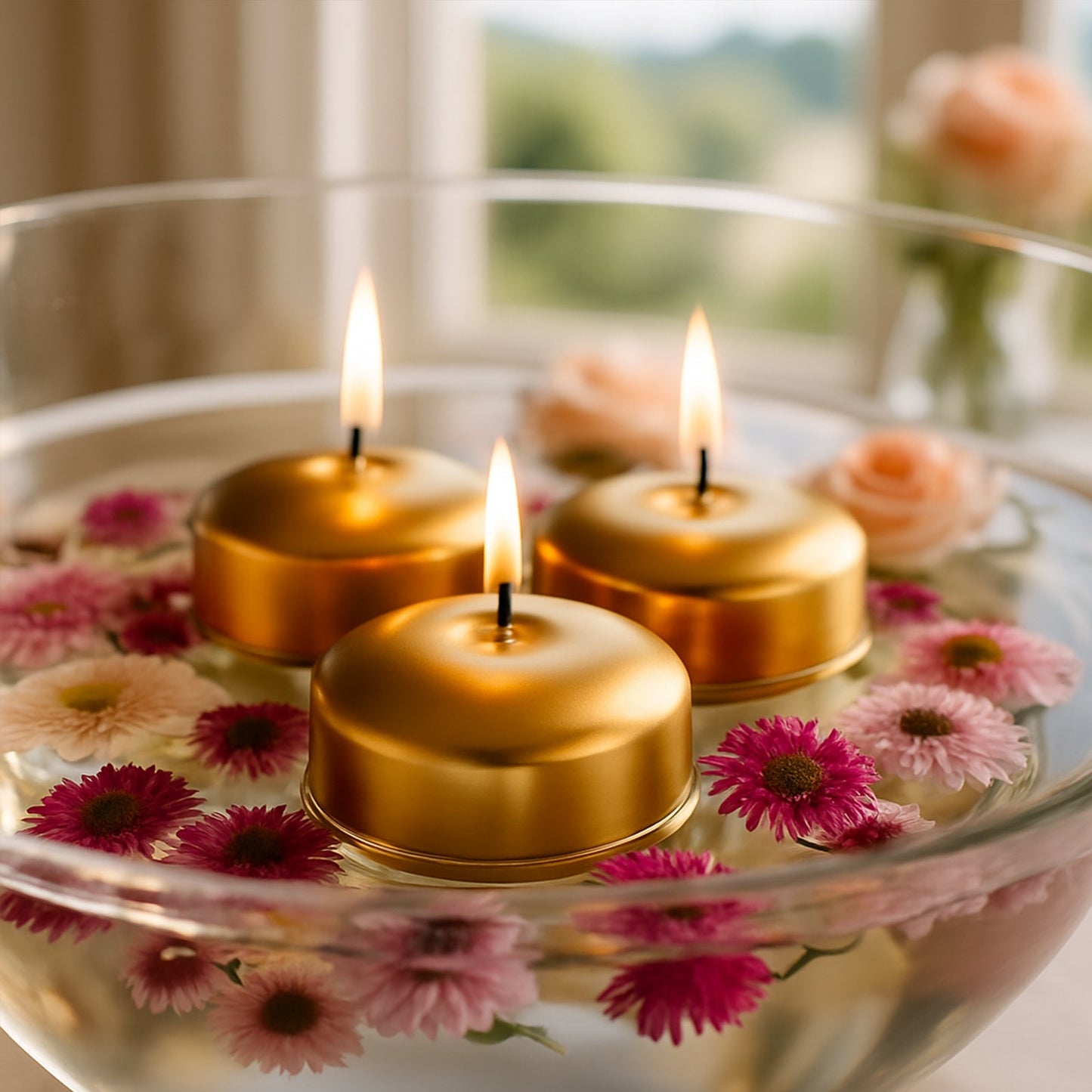 12 Pack 2" Metallic Gold Floating Candles â€“ Unscented Dripless Long-Lasting Disc Wax Candles for Weddings & Table DÃ©cor