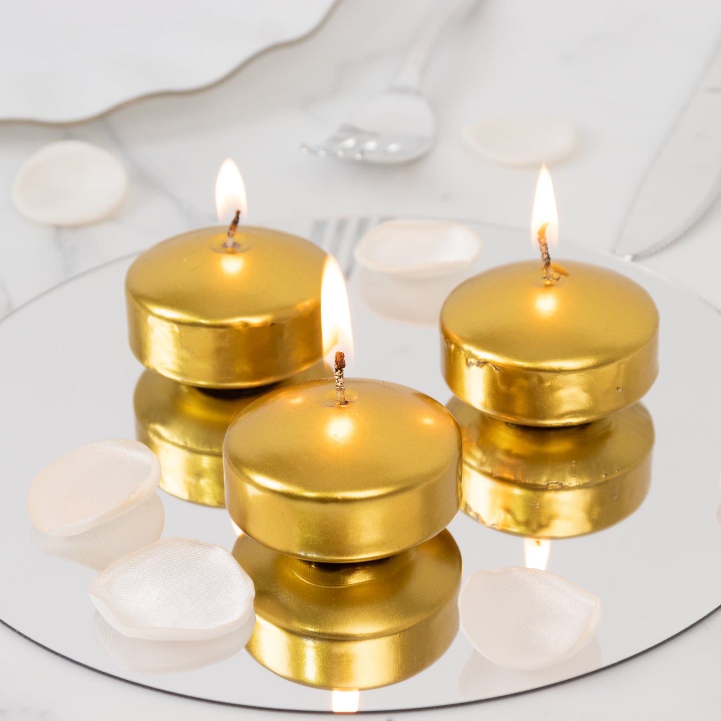 12 Pack 2" Metallic Gold Floating Candles â€“ Unscented Dripless Long-Lasting Disc Wax Candles for Weddings & Table DÃ©cor