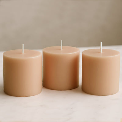 6-Pack Unscented Dripless Pillar Candles â€“ 3"x3" Beige Paraffin Wax with Smokeless Cotton Wicks, Clean & Long-Lasting 30-Hour Burn