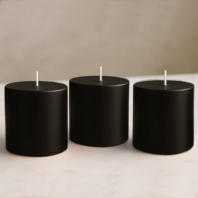 6-Pack Unscented Dripless Pillar Candles â€“ 3"x3" Black Paraffin Wax with Smokeless Cotton Wicks, Clean & Long-Lasting 30-Hour Burn
