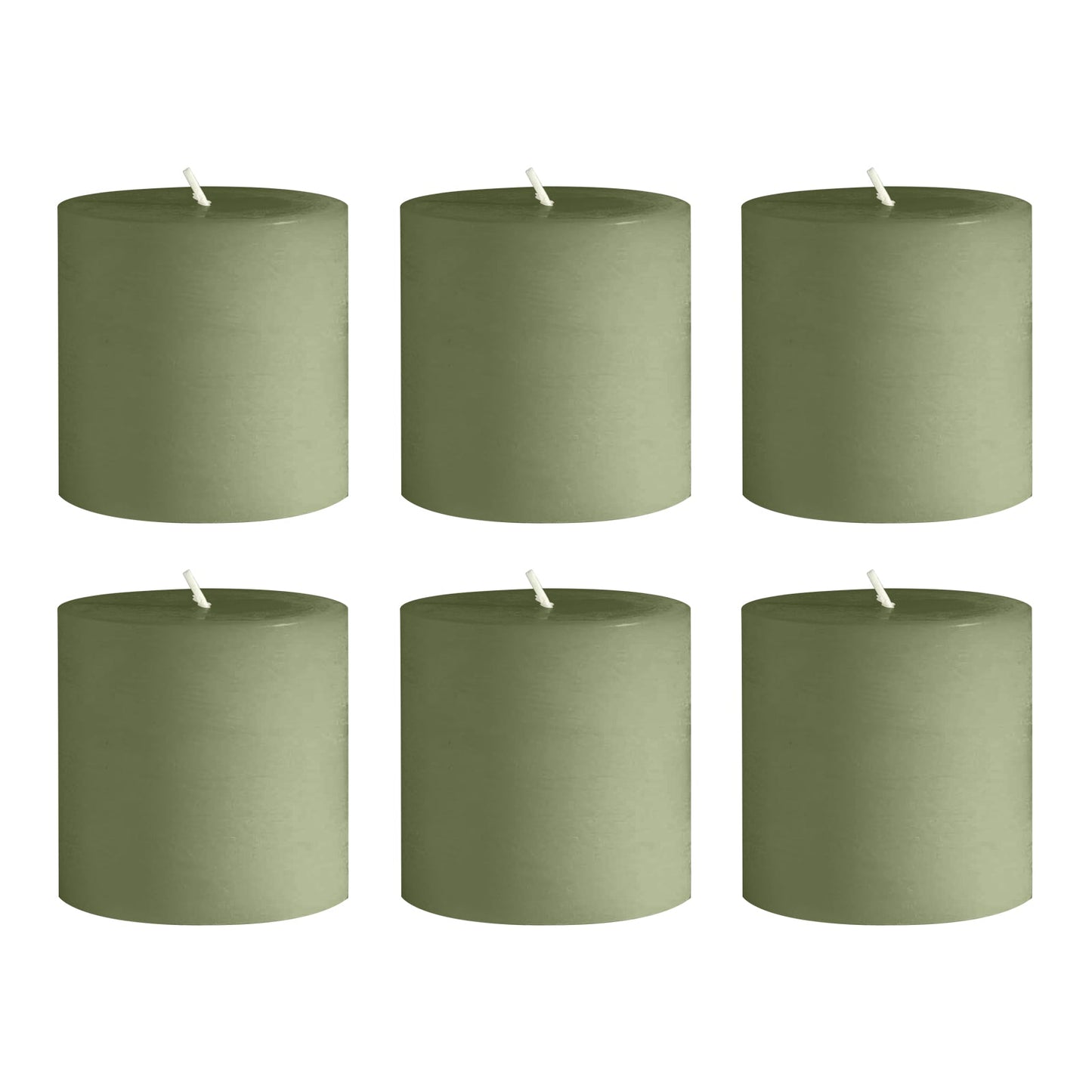 6-Pack Unscented Dripless Pillar Candles â€“ 3"x3" Dusty Sage Green Paraffin Wax with Smokeless Cotton Wicks, Clean & Long-Lasting 30-Hour Burn