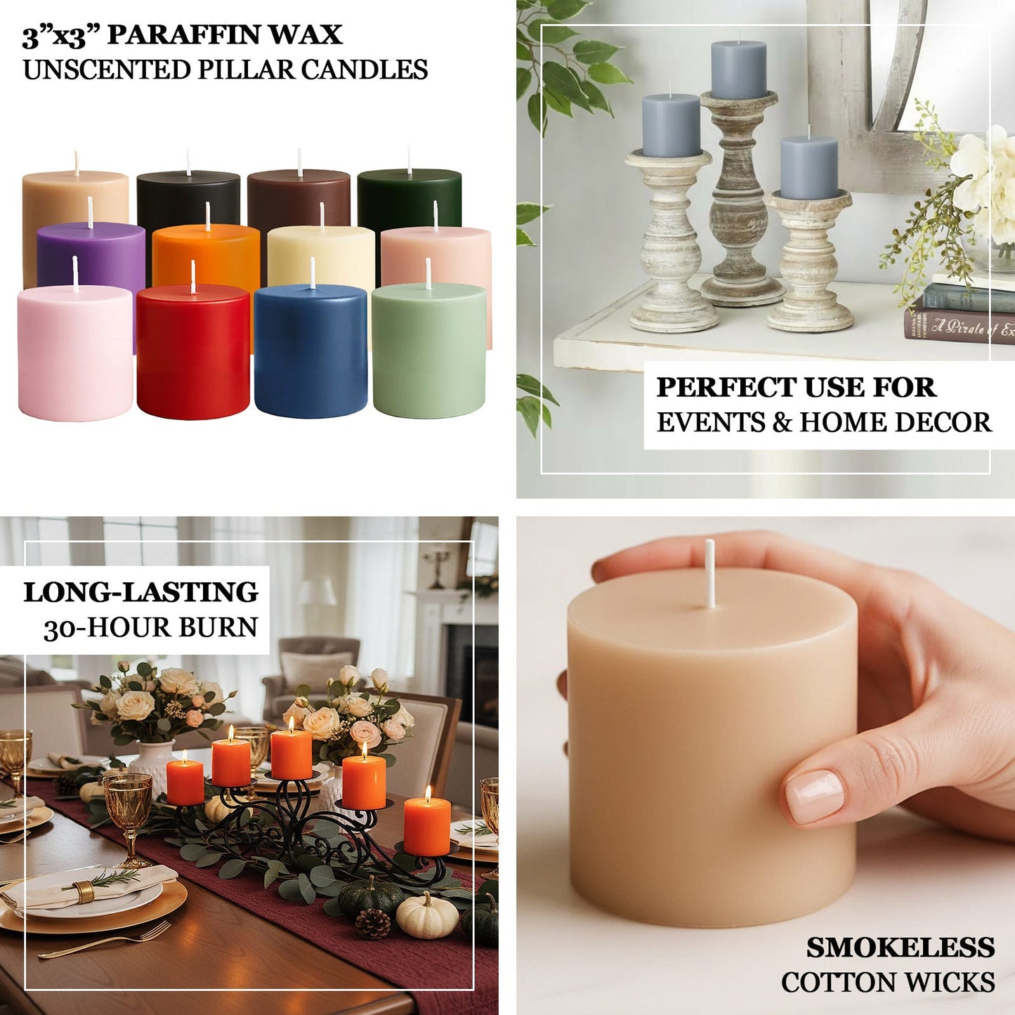 6-Pack Unscented Dripless Pillar Candles â€“ 3"x3" Blush Paraffin Wax with Smokeless Cotton Wicks, Clean & Long-Lasting 30-Hour Burn