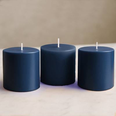 6-Pack Unscented Dripless Pillar Candles â€“ 3"x3" Navy Blue Paraffin Wax with Smokeless Cotton Wicks, Clean & Long-Lasting 30-Hour Burn