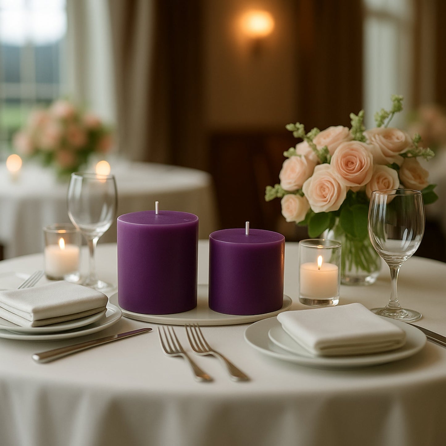 6-Pack Unscented Dripless Pillar Candles â€“ 3"x3" Purple Paraffin Wax with Smokeless Cotton Wicks, Clean & Long-Lasting 30-Hour Burn