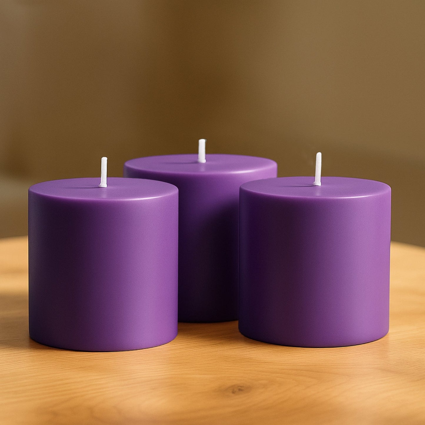 6-Pack Unscented Dripless Pillar Candles â€“ 3"x3" Purple Paraffin Wax with Smokeless Cotton Wicks, Clean & Long-Lasting 30-Hour Burn