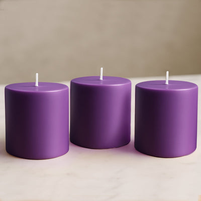 6-Pack Unscented Dripless Pillar Candles â€“ 3"x3" Purple Paraffin Wax with Smokeless Cotton Wicks, Clean & Long-Lasting 30-Hour Burn