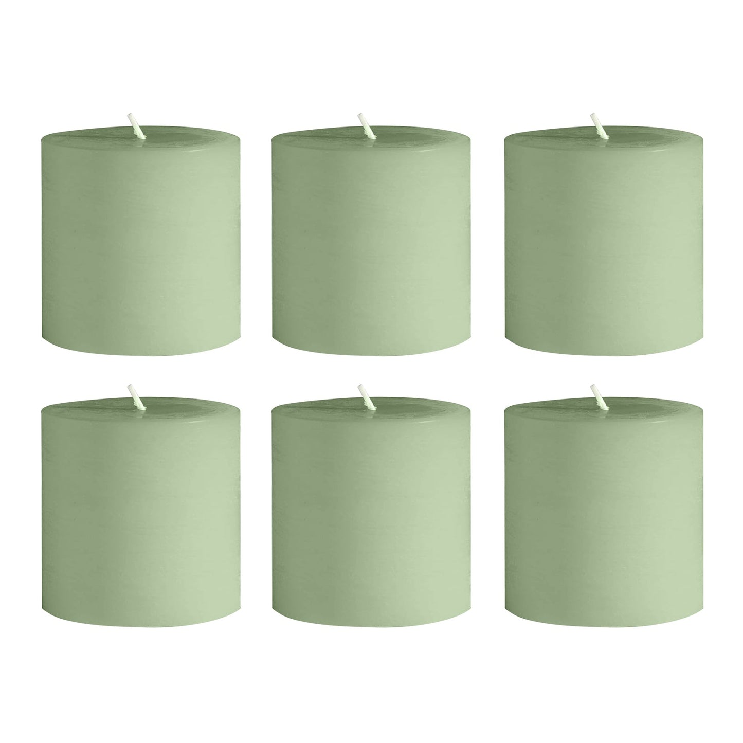 6-Pack Unscented Dripless Pillar Candles â€“ 3"x3" Sage Green Paraffin Wax with Smokeless Cotton Wicks, Clean & Long-Lasting 30-Hour Burn