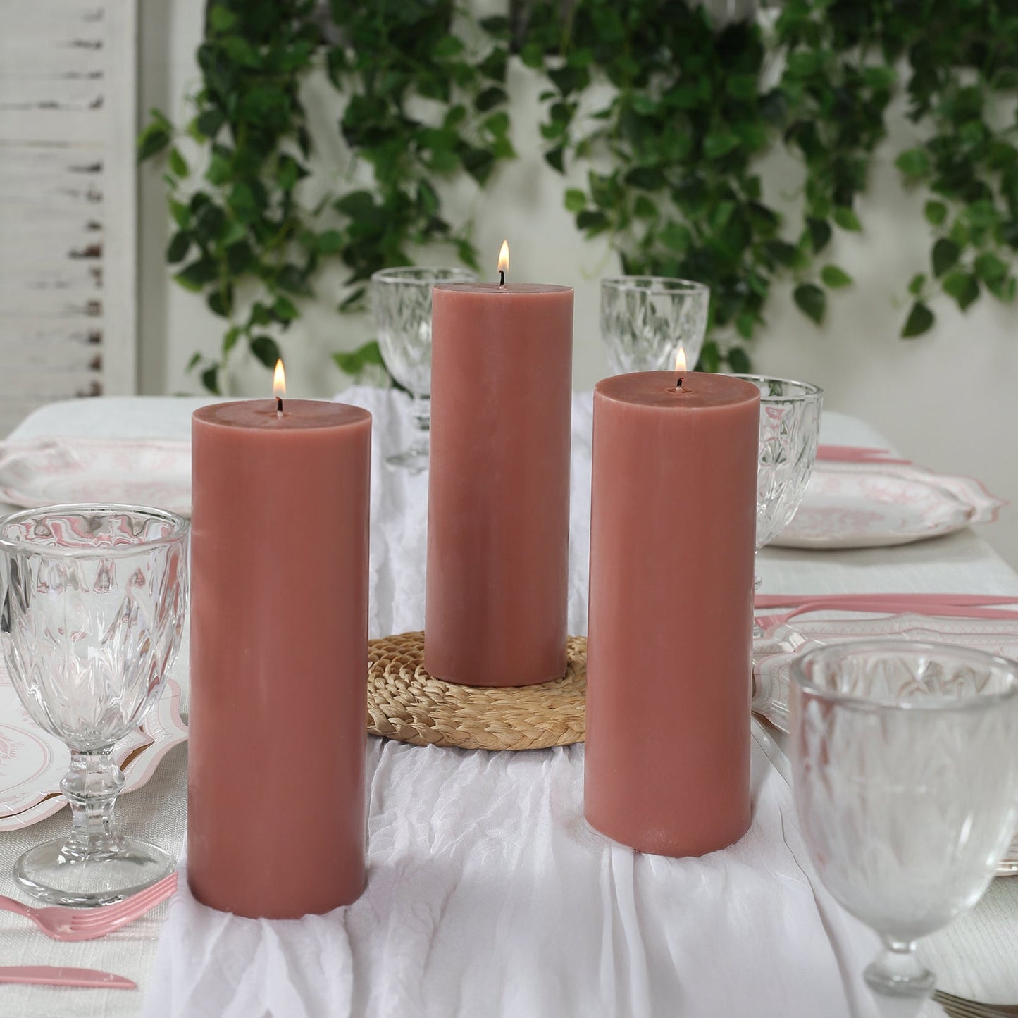 12-Pack 3"x8" Unscented Dripless Pillar Candles â€“ Dusty Rose Long-Burning Wax Candles with Cotton Wicks for Home, Weddings & Event Decor