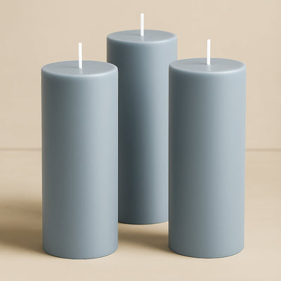 6-Pack Unscented Dripless Pillar Candles â€“ 3"x9" Dusty Blue Paraffin Wax with Smokeless Cotton Wicks, Clean & Long-Lasting 90-Hour Burn