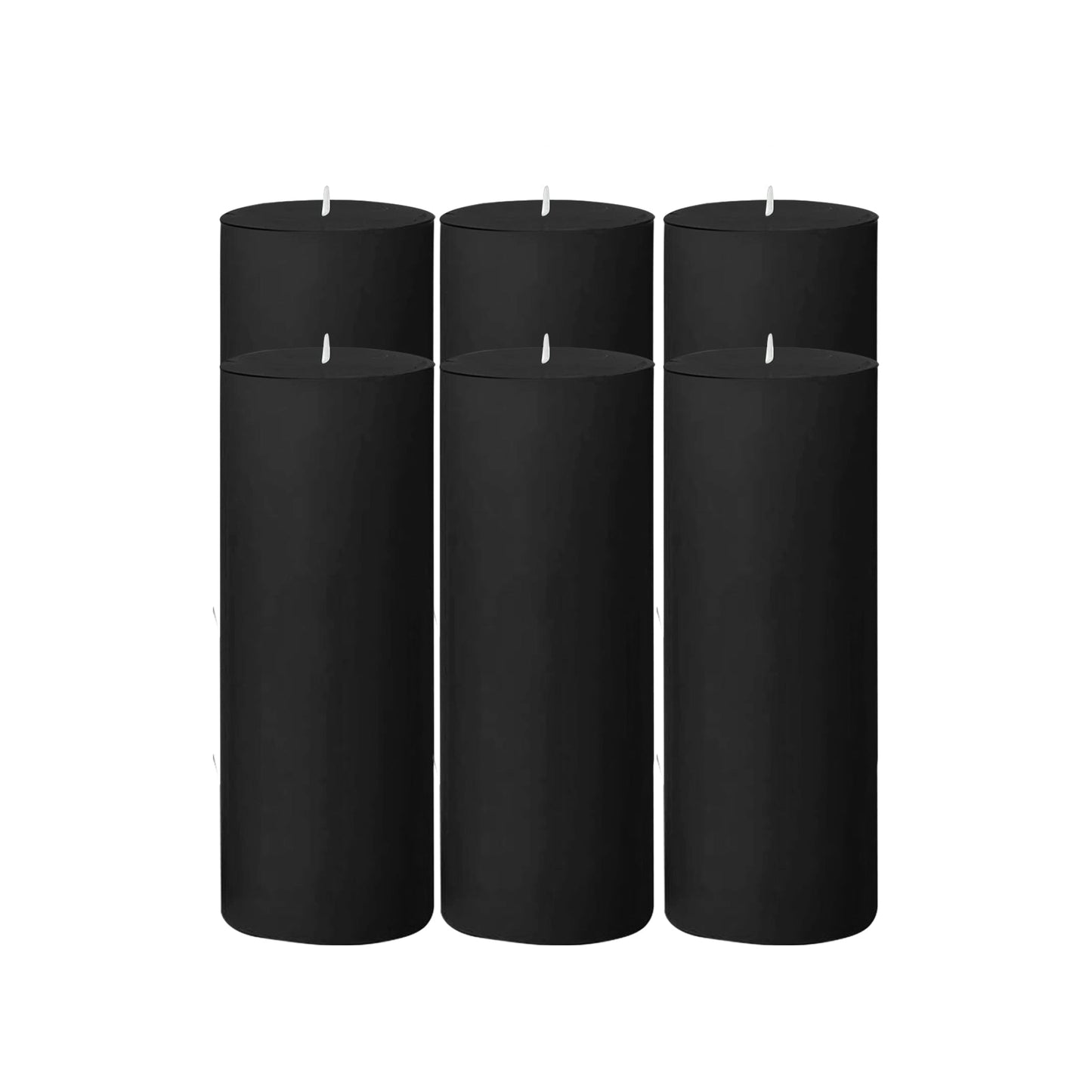 6-Pack Unscented Dripless Pillar Candles â€“ 3"x9" Black Paraffin Wax with Smokeless Cotton Wicks, Clean & Long-Lasting 90-Hour Burn